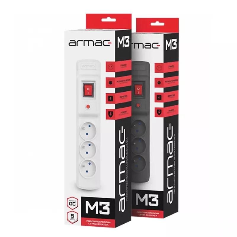 Jatkojohto ARMAC Multi M3, 3 pistorasiaa ja 5 m kaapeli, harmaa