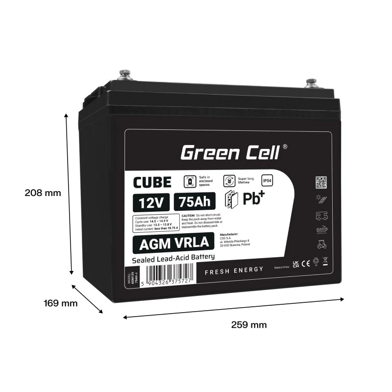 AGM VRLA -akku 12V 75Ah IP54