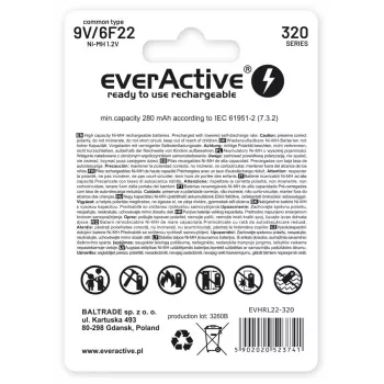 Uudelleenladattava akku everActive EVHRL22-320 9V NiMH prismaattinen 8,4V, 55 g, 48,5 mm