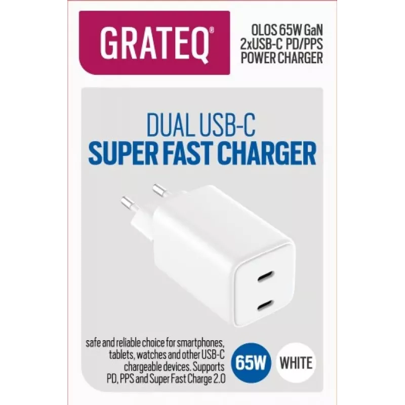 GRATEQ OLOS seinälaturi PD/PPS, 2x USB-C, GaN, 65 W