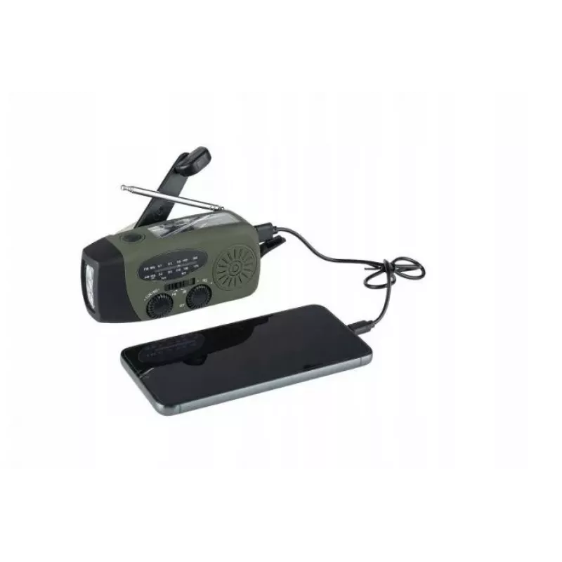 Hätäradio FOSCO 464600 LED-taskulampulla, varavirtalähteellä, FM, IPX3, aurinko-/käsikampi-/USB-C-lataus — vihreä/musta