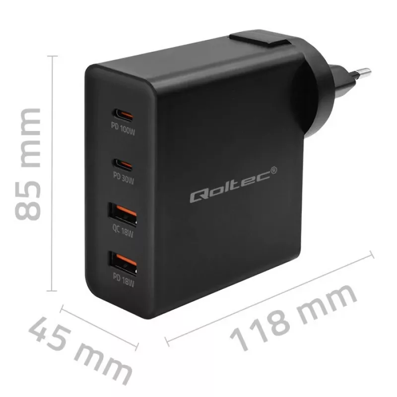 Qoltec GaN POWER PRO -laturi | 2xUSB-C | 2xUSB | 130W | 5-20V | 1.5-5A | XP | musta