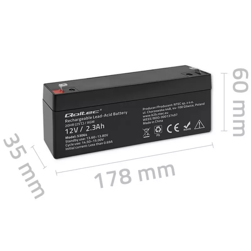 Sinettu AGM-akku QOLTEC 12V 2,3Ah UPS- ja varajärjestelmiin, max. purkaus 34,5A