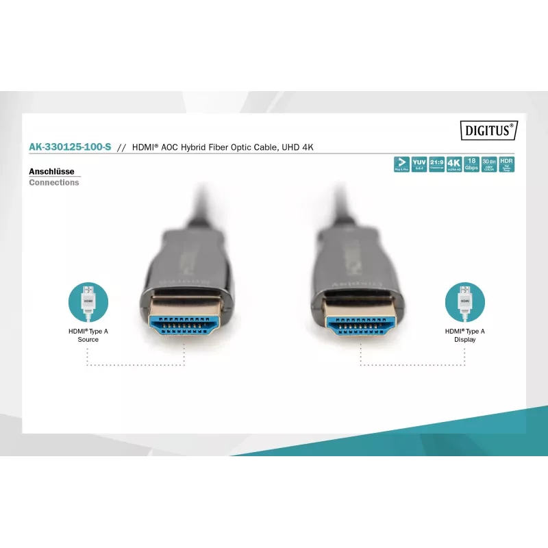 HDMI AOC hybridi-kuituoptinen kaapeli Digitus AK-330125-100-S
