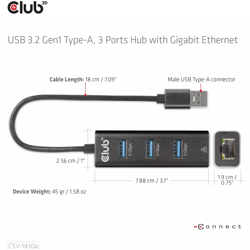USB-keskitin CLUB3D USB 3.2 Gen1 Type-A 3 liitännällä ja gigabitin Ethernet