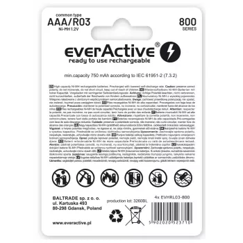 Uudelleenladattavat AAA NiMH-paristot everActive EVHRL03-800 – 1,2 V, 4 kpl, sylinterimäinen 44,5×10,5 mm