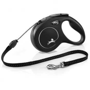 Flexi Classic 5 m -flexi musta keskikokoisille koirille, naru, enimmäiskuormitus 20 kg, heijastavat elementit