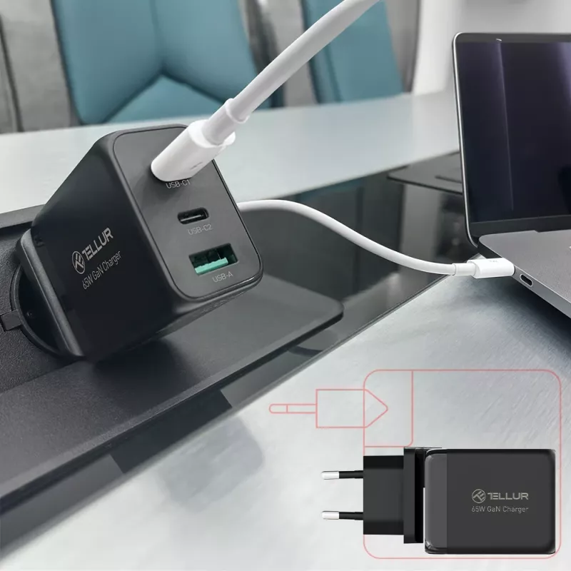 Seinänalaturi Tellur TLL151451 65W, 3-porttinen (2x USB-C, 1x USB-A)