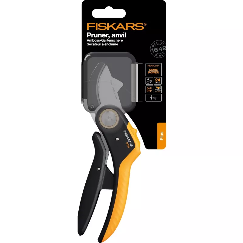 Oksasakset Fiskars Plus PowerLever alasin musta oranssi