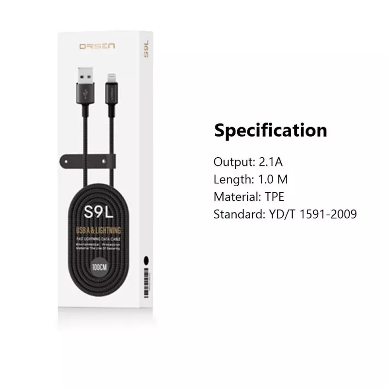 USB-A–Lightning-kaapeli Orsen S9L 1 m 2,1A — musta