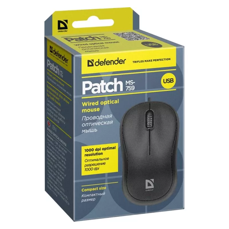 Johdollinen optinen hiiri DEFENDER PATCH MS-759 USB Type-A, molempikätinen, 1000 DPI, musta