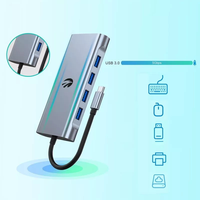 USB-C 11-in-1 -sovitin Hawk HW-HUB1101 — moniporttikeskitin 11 liitännällä