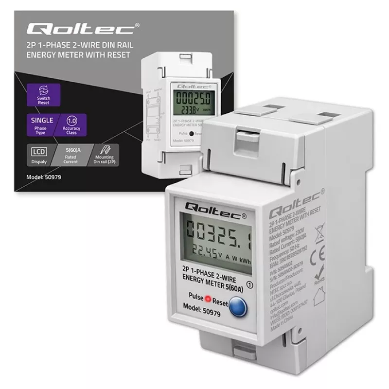 Energiamittari QOLTEC yksivaiheinen DIN-kisko 230V (MPN 50979)