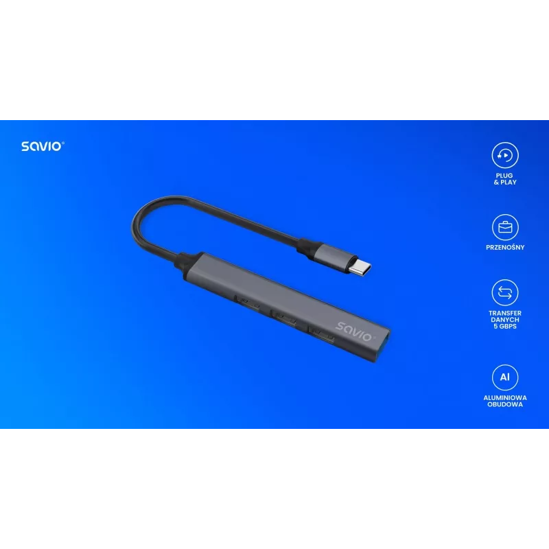 USB 3.0 4-porttinen USB-keskitin SAVIO AK-71 USB-C isännällä, 5000 Mbit/s, 2 vuoden takuu