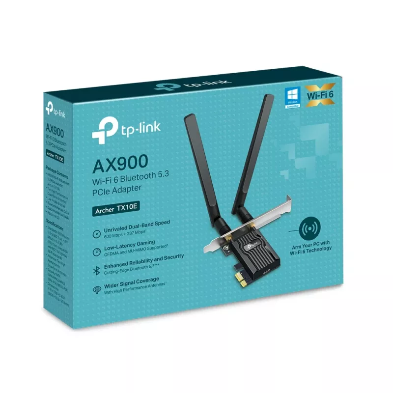 Wi-Fi 6 Bluetooth PCIe -sovitin TP-LINK Archer TX10E AX900 — PCIe-kortti, AX900 Wi-Fi 6, Bluetooth