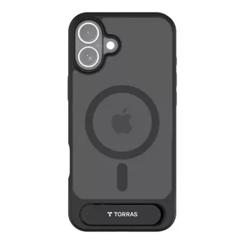 Torras Pstand Series -suojakotelo iPhone 16 Plusille – musta, ohut profiili, integroitu teline