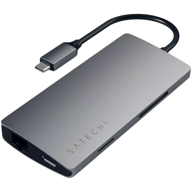 Satechi alumiinisovitin V2 USB-C (USB-C, 3x USB-A, 4K HDMI, kortinlukija micro/SD, Ethernet) (Starlight Grey)