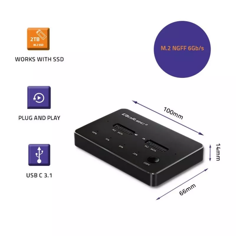 Qoltec 50310 -telakointiasema 2x SSD M.2 SATA NGFF USB Type-C