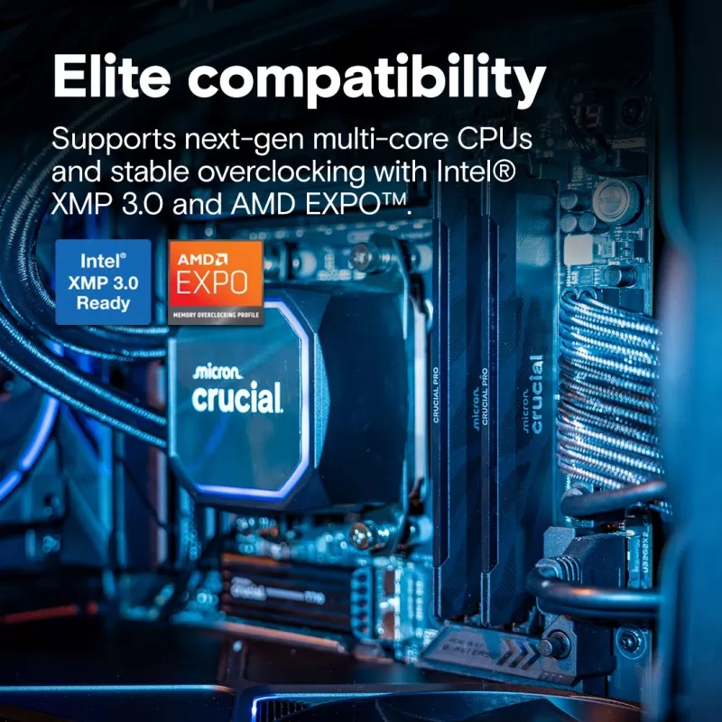 Crucial CP2K16G64C32U5B PRO Gaming OC DIMM -sarja, 32GB, DDR5, 6400 Mhz, CL32, musta