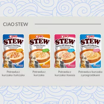 Märkäherkku kissoille INABA Ciao Stew kana & kampasimpukka pussi 40 g — viljaton, aikuinen, lihaisa