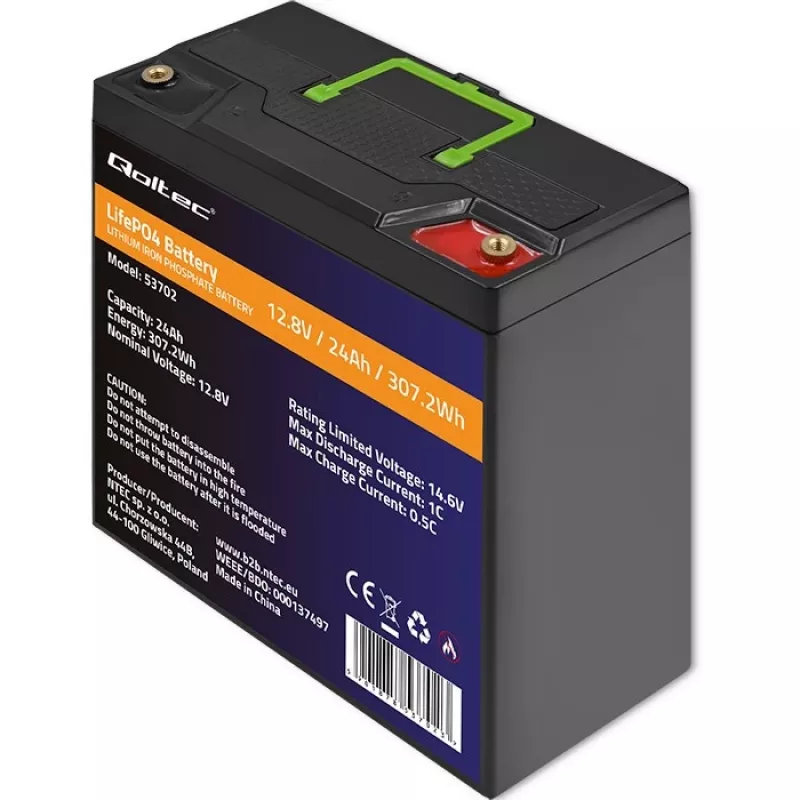 Qoltec 53702 LiFePO4 litium-rautafosfaattiakku | 12,8V | 24Ah | 307,2Wh | BMS