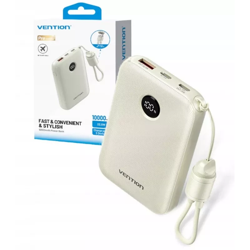 Varavirtalähde Vention FKAN0-C 10000 mAh — 2× USB-C, 1× USB-A, 22,5 W, beige