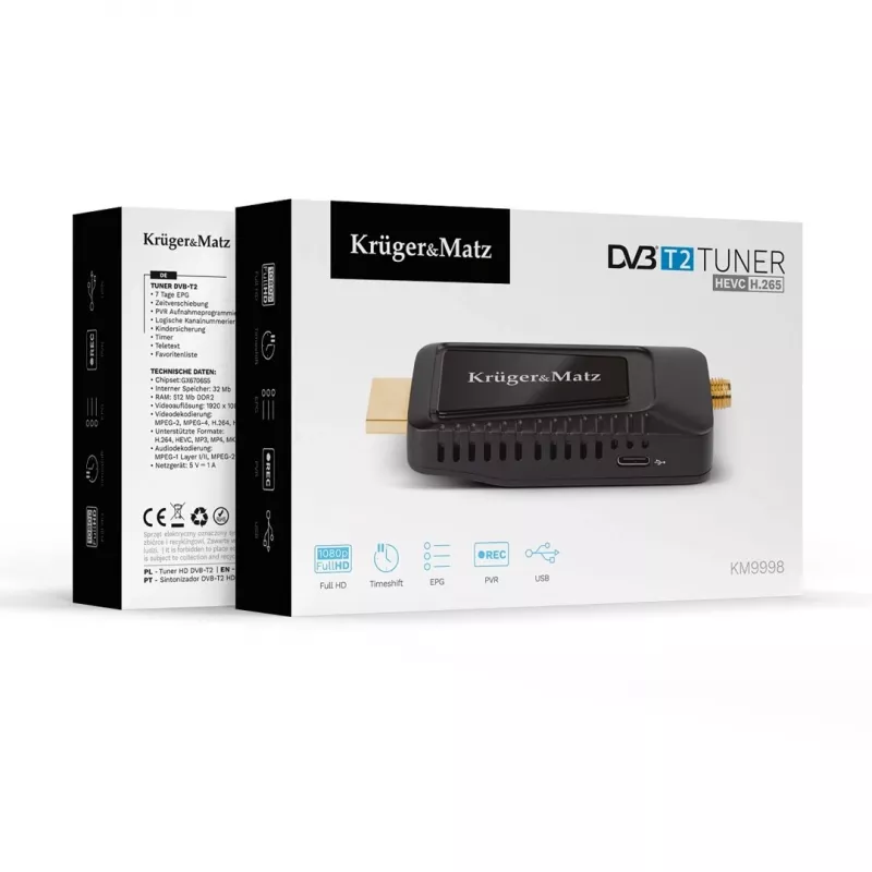 Mini DVB-T2 H.265 HEVC-viritin KRUGER & MATZ KM9998, 470–862 MHz, 1 viritin, HDMI, USB, 720p