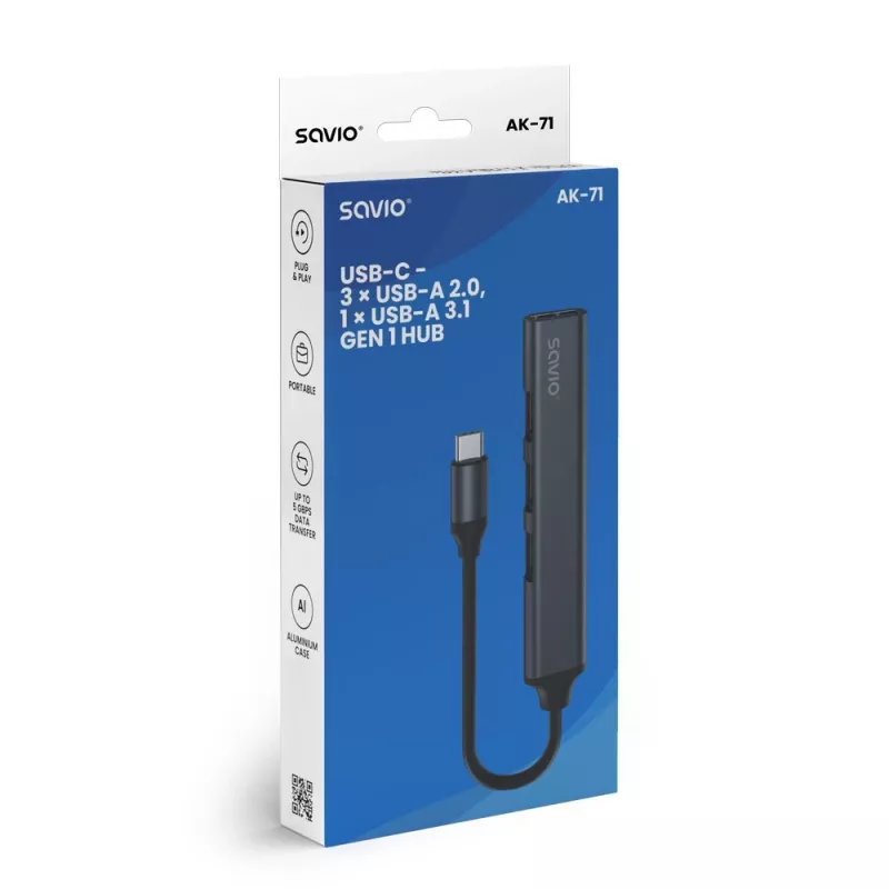 USB 3.0 4-porttinen USB-keskitin SAVIO AK-71 USB-C isännällä, 5000 Mbit/s, 2 vuoden takuu