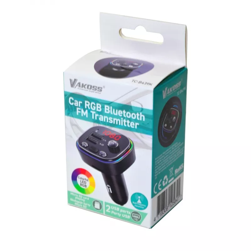 FM-lähetin VAKOSS TC-B439K Bluetooth USB, 87,5–108 MHz, microSD/USB-toisto, 5V/3,1A lähtö, RGB-näyttö