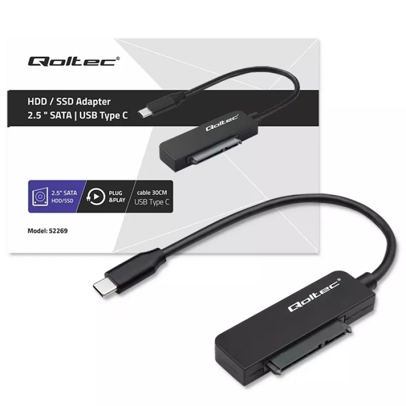 QOLTEC SATA-sovitin 52269 2,5 tuuman asemalle USB-C, tukee jopa 2 TB