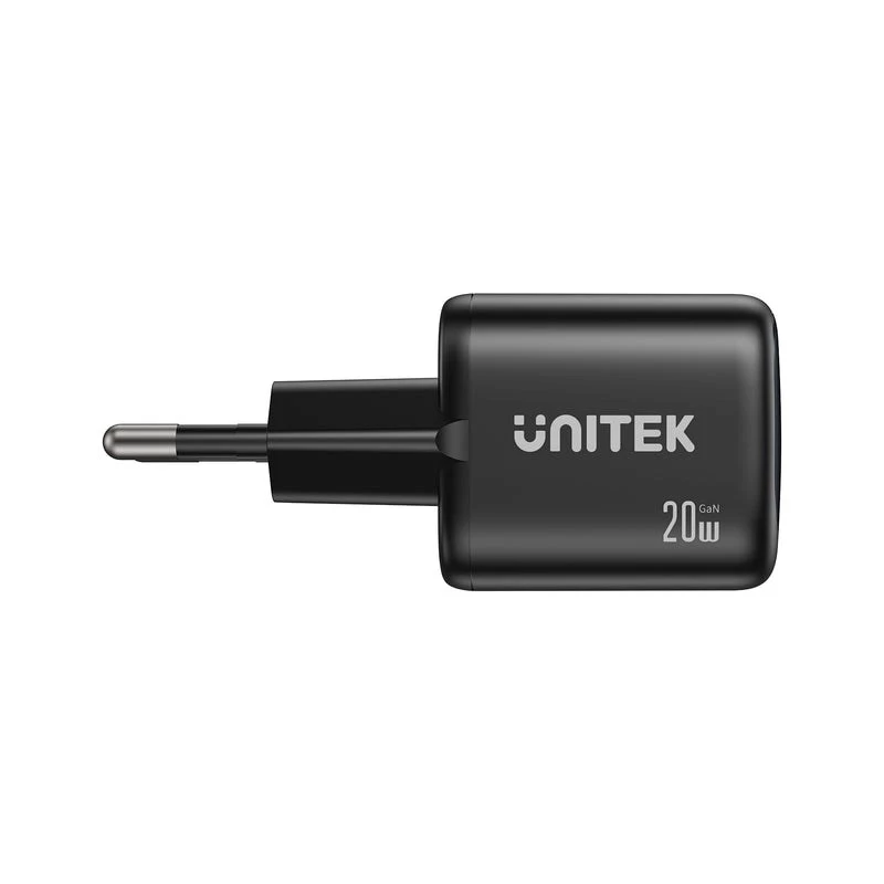 Seinälaaturi Unitek P1128ABK01-EU – 2-porttinen GaN USB‑C & USB‑A, yhteensä 20W, musta