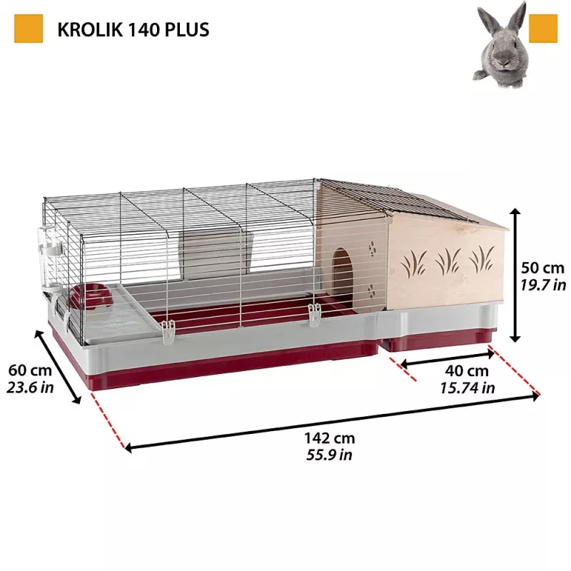 Häkki Ferplast Krolik 140 Plus kaneille, harmaa/punainen, B1420×T600×H500 mm, metalli/muovi