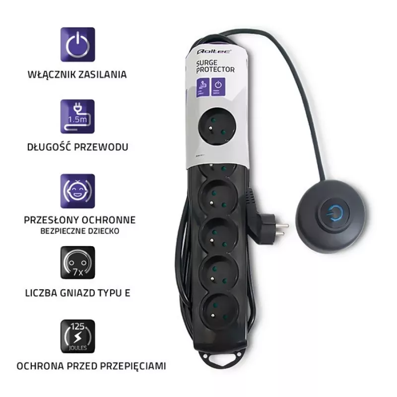 Ylijännitesuoja Qoltec 50171 musta 7 AC-pistorasiaa 230V 1,5m