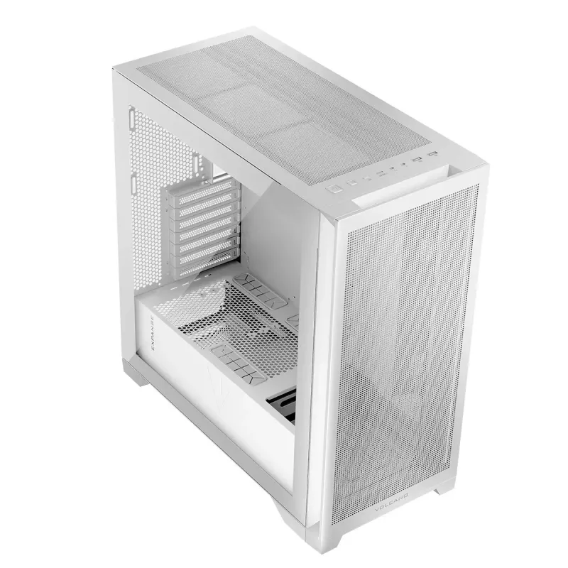 Modecom Volcano Expanse S Midi Tower -tietokonekotelo, ATX/micro-ATX/mini-ITX, karkaistu lasi, USB-C, näytönohjain enintään 430 mm, valkoinen