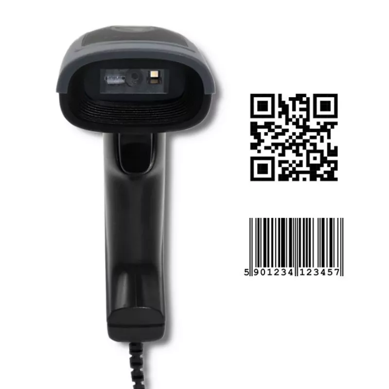 Käsikäyttöinen viivakoodinlukija QOLTEC 50863 — 1D/2D-skanneri, USB johdollinen, LED-anturi, musta, 5V, 1,8 m kaapeli