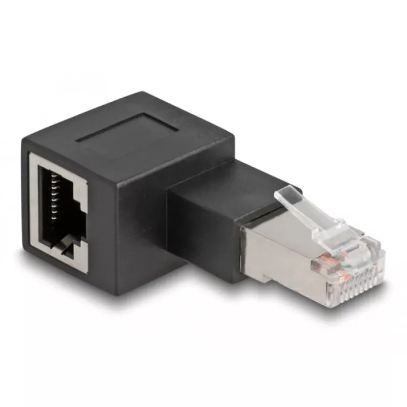 DeLOCK RJ45-uros - RJ45-naaras adapteri Cat.6A 90° vasemmalle kulmaan musta