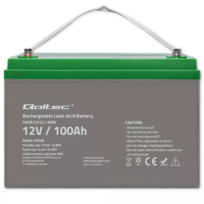 Qoltec 53038 AGM-akku | 12V | 100Ah | max 1200A