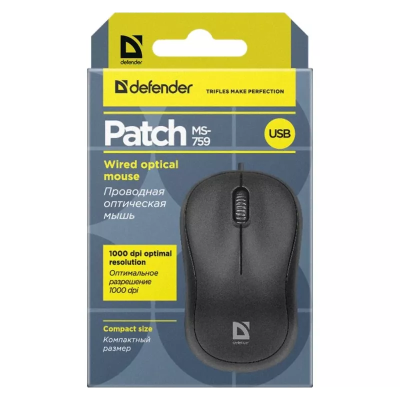 Johdollinen optinen hiiri DEFENDER PATCH MS-759 USB Type-A, molempikätinen, 1000 DPI, musta
