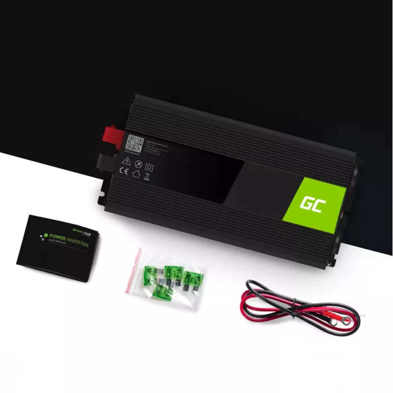 Vaihtosuuntaaja Green Cell INV10 2000 W, 12 V DC - 230 V AC, Type-C-lähtö, 50 Hz, musta