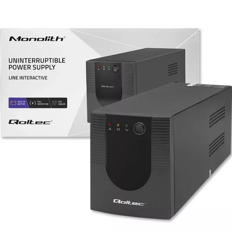 Qoltec Monolith 53775 Line-Interactive UPS-laite, 1200 VA (1,2 kVA) / 720 W, AVR, 4 AC-pistorasiaa, musta