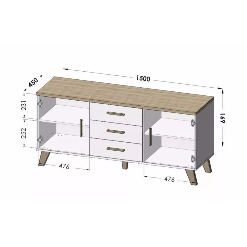 Cama sideboard LOTTA 150 2D3S wotan oak + mat musta