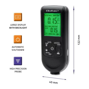 Qoltec maalinpaksuusmittari LCD-näytöllä | 0~2000 µm