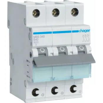 Hager MBS340. Nimellisvirta: 40 A. Tyyppi: B-käyrä, moduulien enimmäismäärä: 3 moduulia. Leveys: 52,5 mm, syvyys: 70 mm, korkeus: 83,4 mm (MBS340)