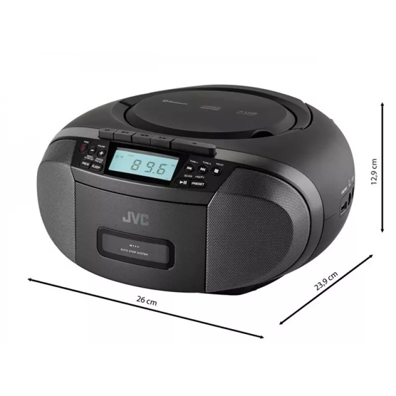 Radio-soitin JVC RC-E444B musta CD-soittimella ja FM-virittimellä