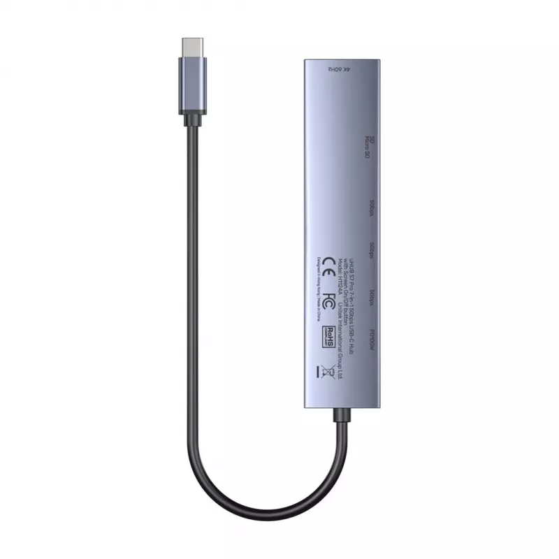 USB-C-keskitin Unitek H1124AGY01 100W PD, HDMI 2.0, 2x USB‑A, 2x USB‑C, SD/microSD-kortinlukija — alumiini