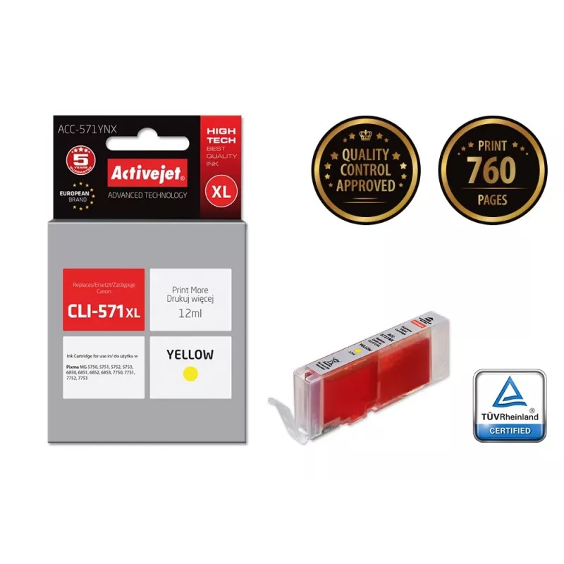 Activejet ACC-571YNX muste (Canon CLI-571XLY -yhteensopiva; Supreme; 12 ml; keltainen)