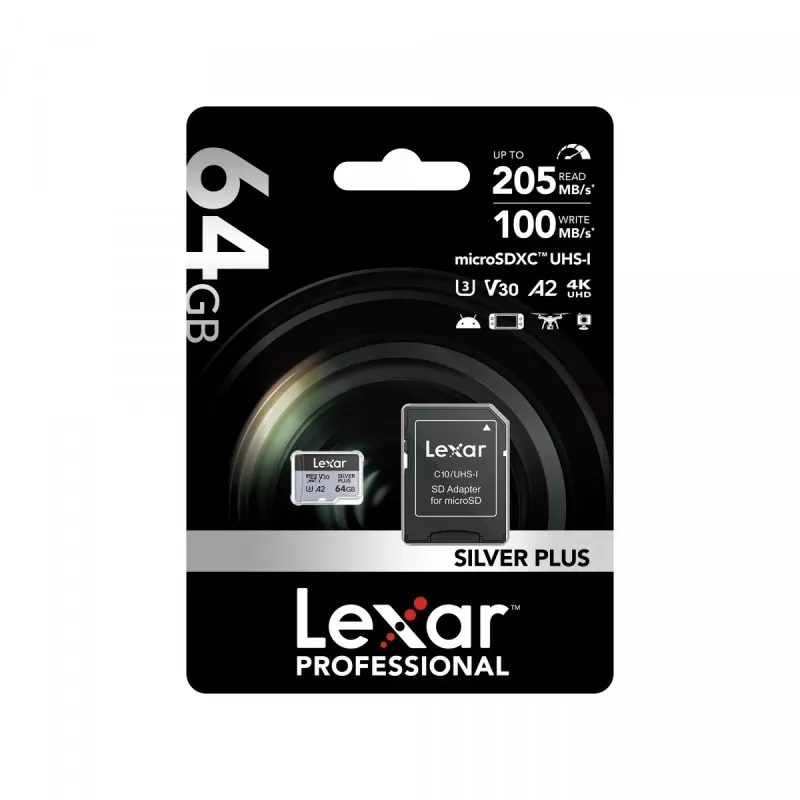 MicroSD-kortti Lexar 64 GB UHS-I luokka 3 SILVER PLUS