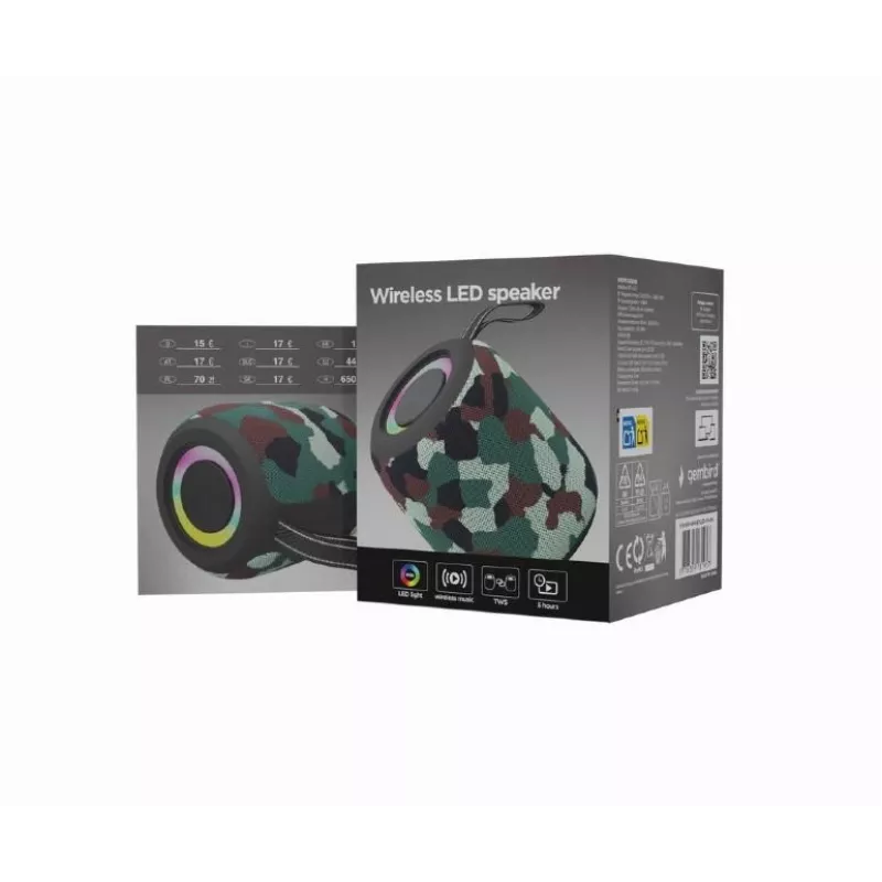 Gembird SPK-BT-LED-05-CM kannettava Bluetooth-kaiutin LED-valolla, naamiokuvio