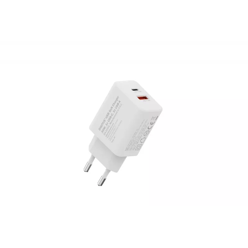 AC sisäkäyttöön USB GaN -laturi DIGITUS DA-10301 — 30W, 1× USB-C, 1× USB-A, 100–240V, valkoinen