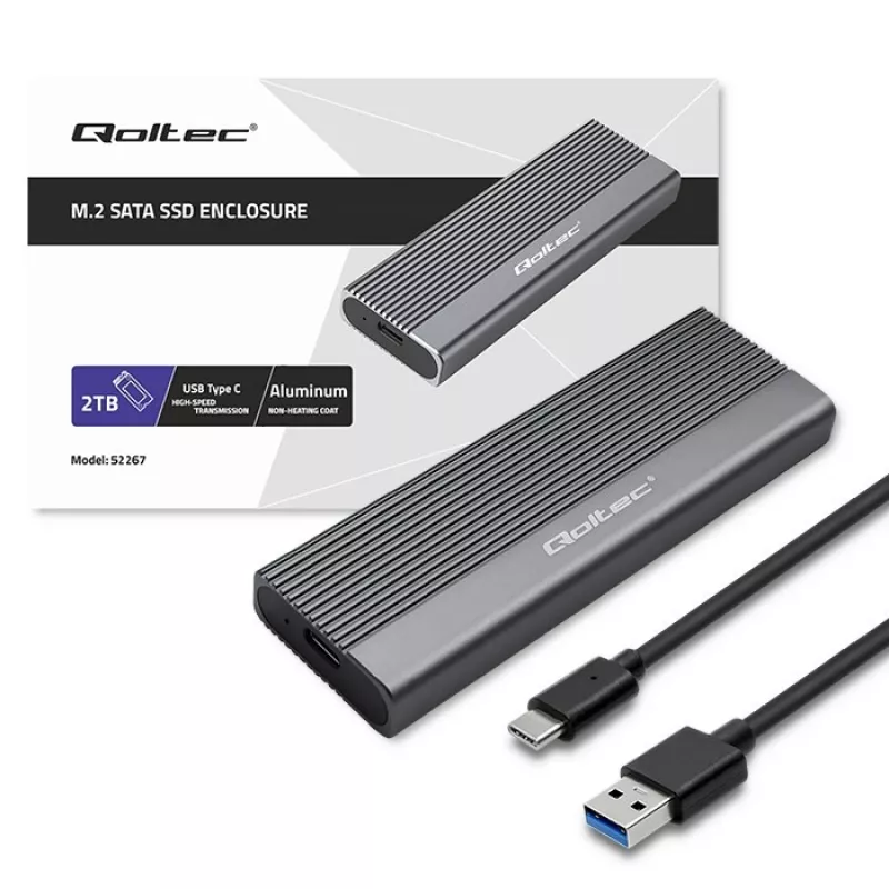 Qoltec kotelo M.2 SATA (NGFF) -SSD-levylle, USB-C